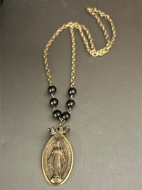 Vintage Inspired Bronze Onyx Crown Miraculous Mary Medal Necklace